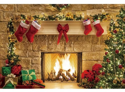 GCIREC 7x5ft Weihnachtshintergrund Gelb Interieur Vintage Kamin Weihnachtsbaum Strümpfe Dekoration Fotografie Hintergrund Weihnachten Banner Fotostudio Kinder Fotografie Requisiten