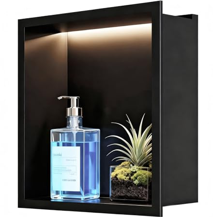 Sunrik Niche de Douche LED Encastrable 30x30cm, Acier Inoxydable, Noir Mat | Nichoir Douche en pour éclairage de Salle de Bain, Supports pour éclairage étanche et Rangement, Pas de carrelage nécessaire