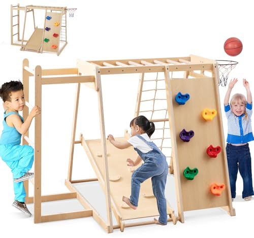 HOMASIS 6 in 1 Arrampicata per Bambini, Palestra con Scivolo Doppia Faccia, Rete, Scala, Canestro da Basket, Parete da Arrampicata e Barre da Scimmia, per Bambini da 3+ Anni (Naturale)