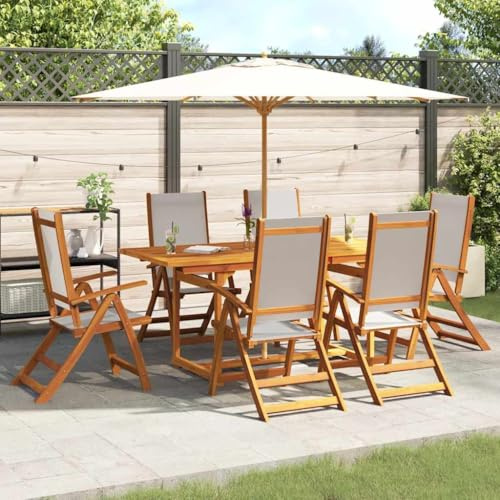 LoogCape 7-TLG. Garten-Essgruppe Massivholz Akazie und Textilene, ausziehbarer Tisch mit Schirmloch, klappbare Stühle, verstellbare Rückenlehne, ideal für Terrasse und Balkon