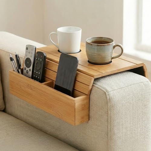 Bamboo Sofa Arm Tray, Foldable Anti Slip Couch Armrest Table with Cup Holder, Phone Holder and Storage Compartments, Perfect for Drinks Snacks Remote Magazines