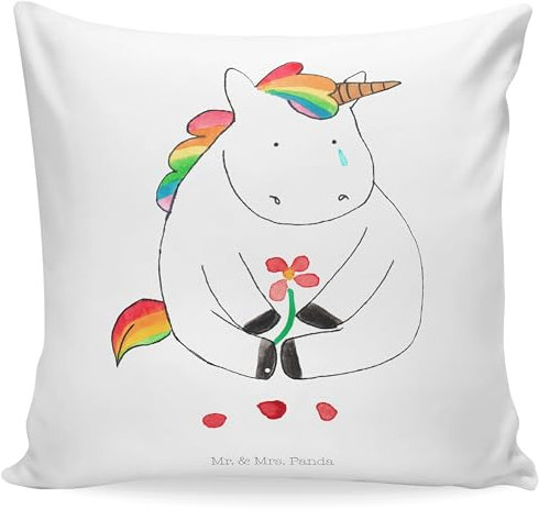 Mr. & Mrs. Panda Sofakissen Einhorn Traurig - Geschenk, sitzkissen, Einhörner, Grußkarte, Liebe, Unicorn, Freunde, Einhorn Deko, Kissen 40x40