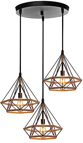 PETITES ECREVISSES 3 Flammige Pendelleuchte Industrie Hängelampe Schwarz Metall Pendellampe 25cm Design mit Hanfseil Deckenleuchte E27 Für Wohnzimmer Café Restaurant