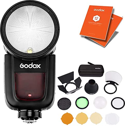 GODOX V1-C Round Head Camera Flash Speedlite/w AK-R1 Accessory Kit Incl. Bounce Card, Dome Diffuser, Colour Gels, Barndoors, Snoot for Canon Camera + 12 Month Extended Warranty Card (3 Yrs)