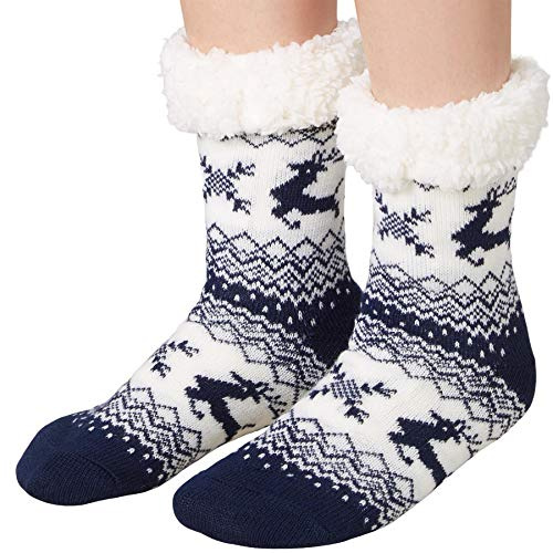 dressforfun 900849 Unisex Weihnachts Kuschelsocken mit Rentiermotiv, dick gefüttert & Plüschrand, blau weiß - Diverse Größen -