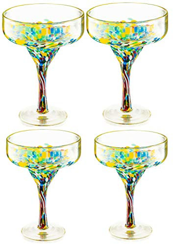 The Wine Savant Mexikanisches mundgeblasenes Glas – Set mit 4 großen 473 ml Luxus-Margarita-Gläsern, Mexiko-Design, großes Konfetti, Carmen, Cinco de Mayo, spülmaschinenfest, Konfetti-Stein-Dekor