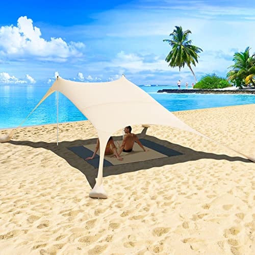 2,4x2,4m Beach StrandZelt, Strandmuschel Sonnenschutz Zelt für Strand mit UV-Schutz UPF 50+ Sun Shade Shelter, Sonnensegel Camping Plane, mit Picknickdecke und Sandsack Anchor (Beige)