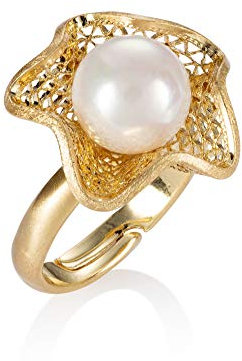 namana Verstellbarer Gold Perlenring für Damen, großer Vergoldet Cocktailring für Frauen mit einer Kunstperle, Gold Statement-Ring im Blumendesign mit filigranen Details, große matte Ringe für Damen