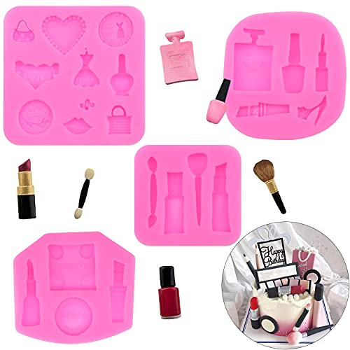 4 Pieces 3D Cosmetic Silicone Fondant Cake Moulds Makeup Candy Mould DIY Soap Jelly Ice Cake Chocolate Sweet Moulds Silicone Baking Molds Decorating Tools