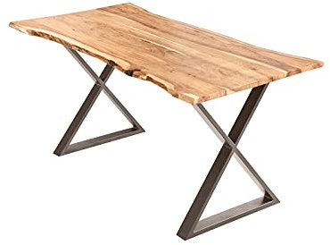 SAM Esstisch 120x80cm Marbella, echte Baumkante, Akazienholz naturfarben + massiv, Baumkantentisch mit geschlossenem X-Metallgestell Edelstahlfarben, Esszimmertisch