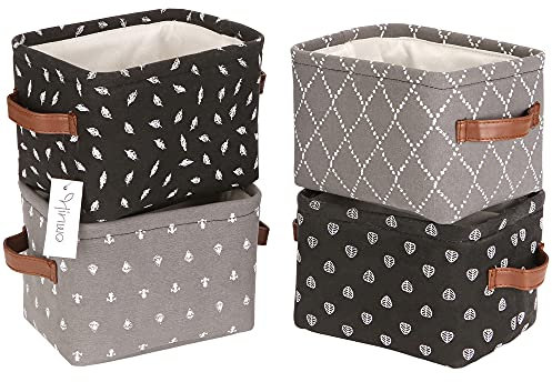 Hinwo 4L Mini Size Aufbewahrungsbox Korb zusammenklappbar Square Denim Stoff Aufbewahrungsbox Container mit PU Ledergriffen für Regale & Schreibtische, 4er Set, 7,9 x 6,3 x 5,5 Zoll, Schwarz
