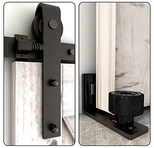 TSMST 173CM Rail pour Porte Coulissante Kit, Noir et Rustique Porte Coulissante Kit Accessoires avec Rail de Plancher Réglable Coulissant pour Porte Simple Coulissante