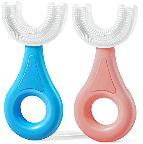 YOTEE U-Shaped Toothbrush Kids 2 PCS - Toddler Toothbrush with Food Grade Soft Silicone Brush Head, Manual Whole Mouth Tooth Brush for Kids Age 2-6(Blue+Pink)