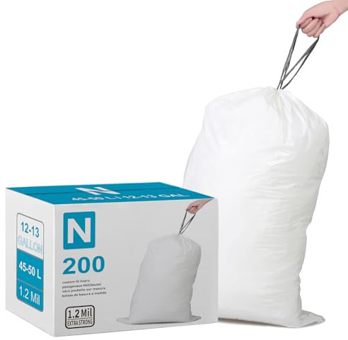 Code N (200 Count) Heavy Duty Trash Bags 1.2 Mil THICK with Reinforced Drawstring 12-13 Gallon/45-50 Liter Compatible with simpleman Code N White Garbage Liners 1.2 Mil THICK Leak-Proof Tear Resistant