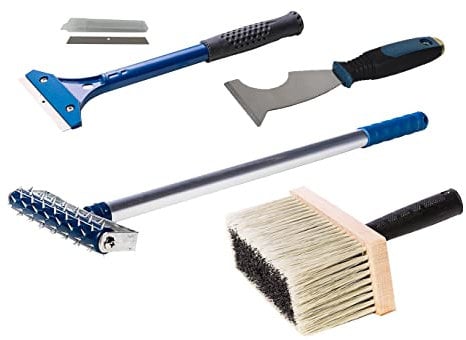 ASKON Tapetenentferner-Set - Tapetenablöse-Set - Tapezier-Set - 5teilig - Igelwalze - Tapentenschaber - Ersatzklingen - Kleisterbürste - Werkzeuge - Farbe gemischt