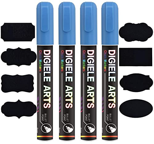 DIGIELE Kreidestift Blau, 4 Stücke Blau Kreidestifte 6mm + 16 Tafel Labels, Reversibel Dünne oder Mittlere Spitze, Trocken oder Feucht Abwischbare Flüssigkreide für Whiteboard, Tafel, Fenster & Glas