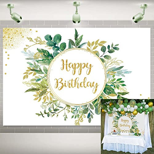 Verdure Joyeux Anniversaire Toile de Fond Enfants bébé Douche Photo fête Fond Or Paillettes Eucalyptus Feuilles Vertes décoration bannière gâteau Table Dessert Table Fournitures 2,1 x 1,5 m