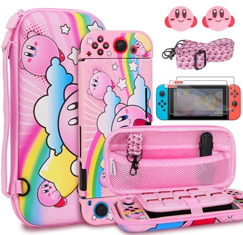 TIKOdirect Funda de Transporte para Switch, en diseño actualizado de Interior Rosa con Funda Protectora Suave, Protectores de Pantalla y Tapas de Agarre para el Pulgar, Kirby