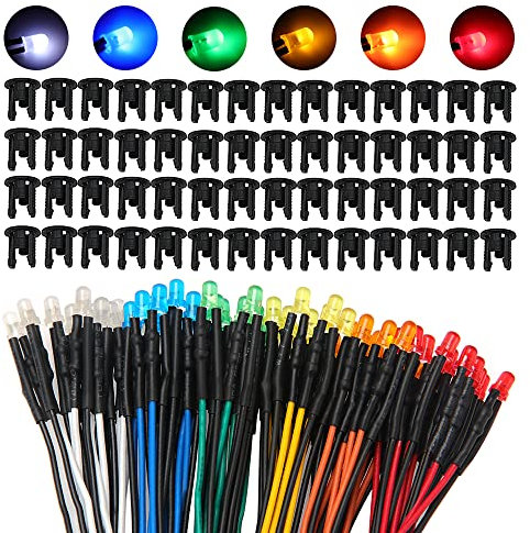 Lyeteung 60 Stücke 3mm 12V Vorverdrahtete LED Dioden Licht, Weiß Orange Rot Gelb Blau Grün, 3mm LED Diffuse Emittierende Leuchtdiode mit 20cm Kabel + 60 Stücke 3mm Plastik LED Dioden Halter