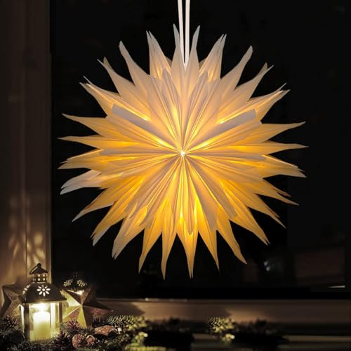 Sprinlot Papiersterne Weihnachten, Weihnachtsstern Beleuchtet, Led Sterne Deko Weihnachten, 3D Leuchtsterne Fenster, Weiße Papierstern Beleuchtet Aufhängen für Weihnachten Fensterdeko