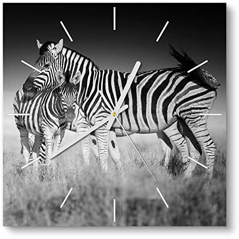 DEQORI Glasuhr | 30x30 cm | Motiv Zebras beieinanderstehend | ausgefallene leise Design Uhr aus Glas | Wanduhr für Wohnzimmer & Küche | Moderne Hingucker Uhr für die Wand