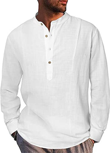 LVCBL Mens Long Sleeve Henley Shirts Cotton Linen Summer Shirt White M