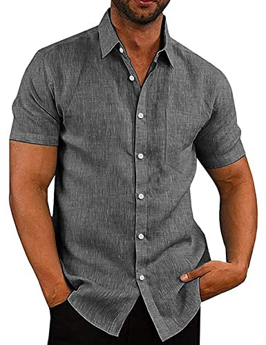 COOFANDY Mens Shirts Short Sleeve Shirts Summer Shirt Casual Shirts Linen Shirts Regular Fit Holiday Shirts with Pocket Black L