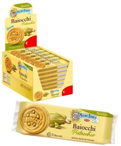 Mulino Bianco Baiocchi Pistacchio Confezione da 42 Snack T3 Biscotto Ripieno con Crema al Pistacchio