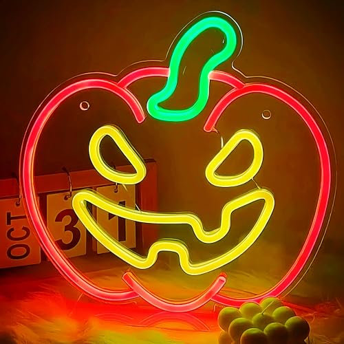 Gaoxun Halloween Dekoration Innen, Kürbis LED Neonlicht für Wanddekoration, 30x30cm Pumpkin Neonschild, Leuchtreklame mit USB-betrieben, Geschenk für Veranda, Fenster, Halloween Party Deko (Orange)