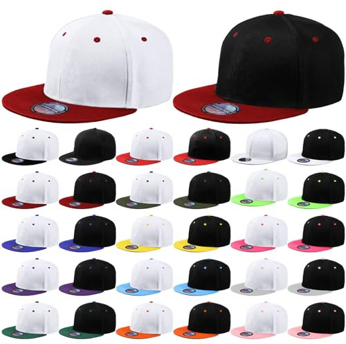Hicarer 30 Stück Snapback-Hüte für Herren, flache Schirmmütze, einfarbig, blanko, Hip-Hop-Hut, flache Krempe, Baseballmützen, Einfarbig, Einheitsgr��e