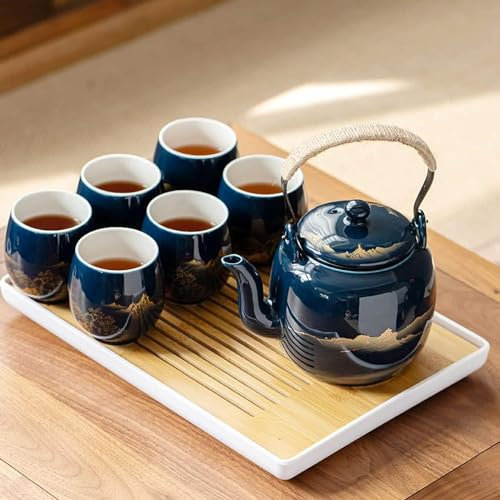 LeGDOr Keramik-Teeservice Japanische Teetassen-Sets Chinesisches Porzellan Schwarze Emaille Teekanne mit Griff 1 Teekanne, 6 Teetassen, 1 Blattsieb, 1 Paletten-Teekessel