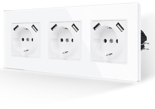 JIMEIDA 3 Fach Steckdose mit USB in Weiß,16Amp Glas Steckdosen mit USB Port max.2.1A, Unterputz Wandsteckdose-228 * 86mm,250V