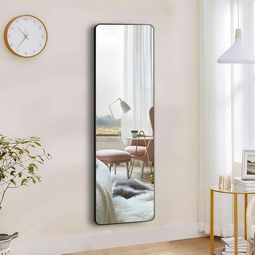 Boromal Ganzkörperspiegel Schwarz mit abgerundeten Ecken, Standspiegel 160 x 40 cm Ganzkörperspiegel Wand mit Schwarz Metallrahmen HD großer Spiegel für Schlafzimmer, Wohnzimmer, Badezimmer