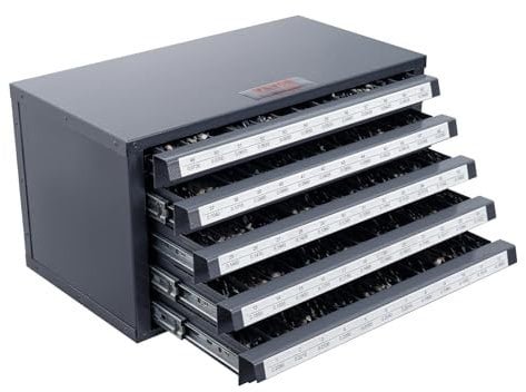VEVOR Dispensador de Brocas 60 Compartimentos Etiquetados #1-#60 Caja de Almacenamiento de Brocas con 5 Cajones Caja de Taladro Vacía Apilable 37,5x20x20 cm Fácil Identificación para Taller Brocas