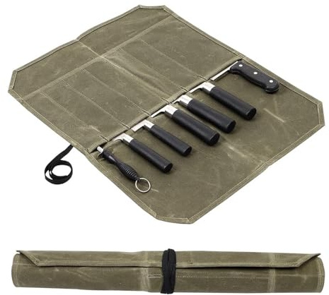 Zephylix Waxed Canvas Chef’s Knife Roll Bag, Portable Chef Knife Cases Knife Pouch Holders With 7 slots inside, for Chef Knives Kitchen Utensils, Tool Roll 22.05 x 17.72 (Army Green)