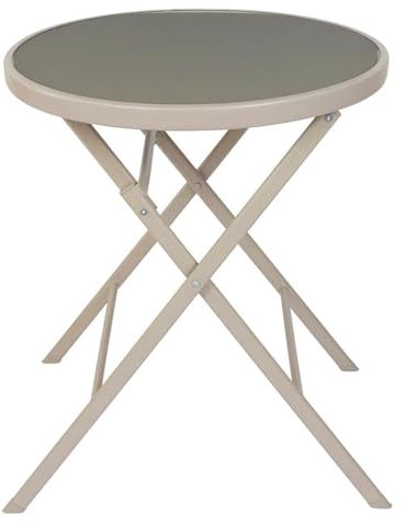 AltoBuy Sohan - Table Pliante de Jardin Ronde Beige en Métal et Verre Trempé