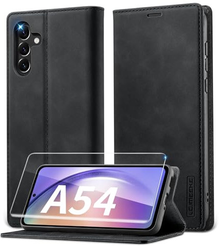 Lanhiem Coque pour Samsung A54 5G avec Verre Trempé, Etui en Cuir PU Premium, RFID Protection Portefeuille Housse pour Samsung Galaxy A54 5G Étui, Noir