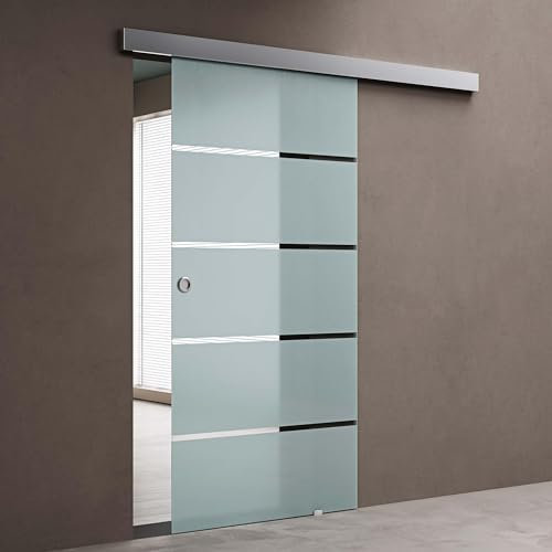 doporro Glasschiebetür Komplettset 90 x 205 cm | 15mm Wandabstand | Schiebetür mit ESG-Sicherheitsglas | Zimmertür Glas mit 5-Milchglas-Streifen und Muschelgriff | Amalfi-plus 11