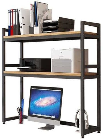 2 Tier Multipurpose Countertop Hutch Bookshelf - Metal Desktop Bookcase For Computer Desk, Adjustable Desk Organizer Rack, Desk Books Storage Display Shelf, Office Dormitory Open Rack Bookshelf(Black,