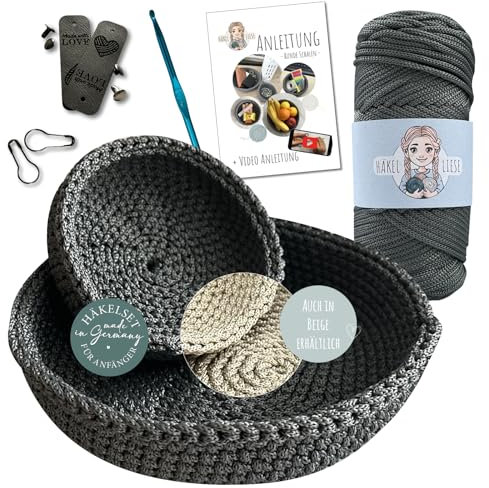 HÄKEL LIESE Häkelset für Anfänger - Schale Deko, Häckel Box Anfänger, mit Häkelwolle, crochet set, Häkelset Anfänger, Schalen Set Häkeln Geschenk Teenager, Häkelset, Häkel Set häkeln lernen (Grau)
