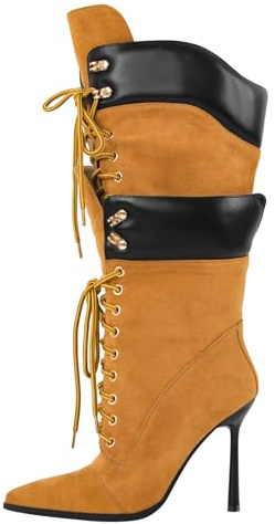Richealnana Women's Double Lace Pointed Toe Stiletto High Heel Lace Up Strappy Knee High Boots Sexy Shoe Lace Slim Heel Fashion Cool Biker Cosplay Tall Boots Yellow US 9