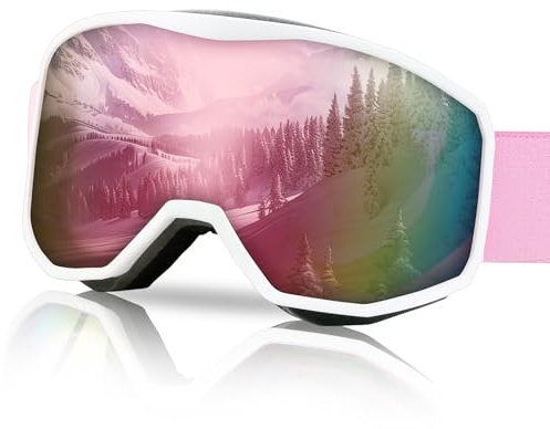 NewBEP Occhiali da sci e snowboard, protezione UV, anti-appannamento, per attività all'aperto, occhiali da sci OTG, per uomini, donne, ragazzi (montatura bianca, lenti rosa)