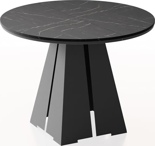 WFL GROUP Runder Ausziehbarer Esstisch mit Schwarzem Metallgestell - Moderner Industrieller Tisch in Schwarzer Marmoroptik für Esszimmer oder Küche - 120 cm bis 200 cm - Made in EU - Marmor Schwarz
