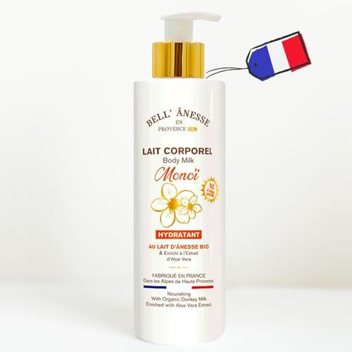 Lait corps hydratant Monoi au Lait Frais d'Ânesse Bio + Aloe Vera. Fabrication Française. Tous types de peau. Flacon pompe 250 ml