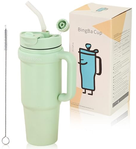 Eastrise 30 oz (850ml) Tumbler with Straw Lid & Handle, Stainless Steel Double Wall Vacuum Insulated Travel Mug, Leak-Proof & Dishwasher Safe for Hot/Cold Coffee, Water, Juice-Green