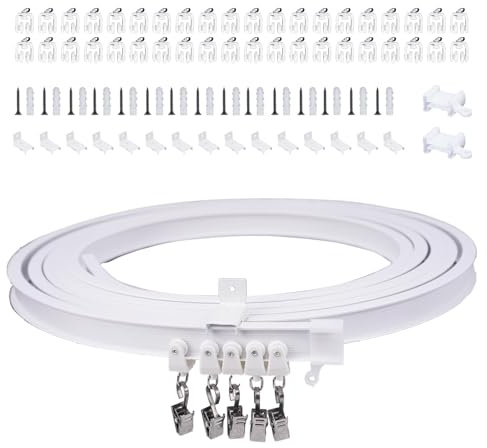 KJLEEN Flexible Vorhangschiene für Erkerfenster, biegbare Vorhangschiene, Wandmontage, robuste Vorhangschiene und Beschläge für Raumteiler, Wohnmobil, Wohnwagen, Duschecke, 5 m, Weiß