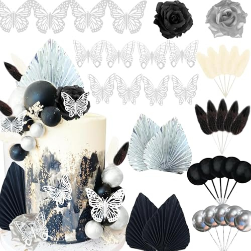Décoration de Gâteau Bohème Noir,38 Pièces 3D Décoration de Gâteau Papillon Décoration gothique gâteau Noir Pour anniversaire mariage Baby Party nuptiale Shower Décoration de gâteau feuille de palmier