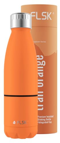 FLSK Trinkflasche mit Becher – Premium Edelstahl Thermosflasche mit 2-in-1-System – 100 % auslaufsicher & kohlensäuregeeignet – hält 24 h kalt & 18 h heiß – BPA-frei (trail orange)