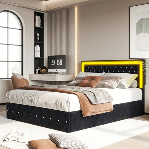BRILVERDE Polsterbett 180x200 mit Stauraum, Doppelbett mit LED, Hydraulisch Stauraumbett, Jugendbett mit kopfteil und Lattenrost, Bettrahmen für Erwachsene, Samt (Schwarz, 180 x 200 cm)
