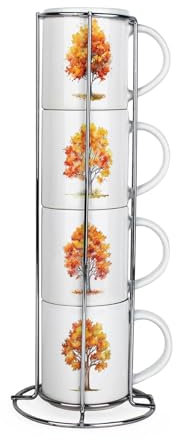 Purely Home Autumn Trees Stacking Mugs Set - Autumnal Leaves Décor Present - Set of 4 Small Ceramic Mugs Gift Set with Metal Stand